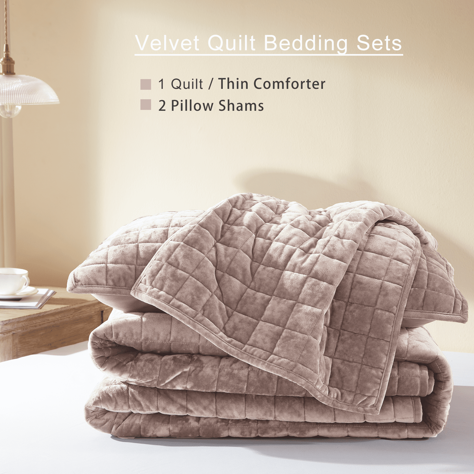 Velvet Quilt Full/Queen Size-90''x98'', Lightweight Dusty Pink Velvet Comforter Set with 2 Pillow Shams, Soft Bedspread Coverlet Quilted Bedding Set for All Season