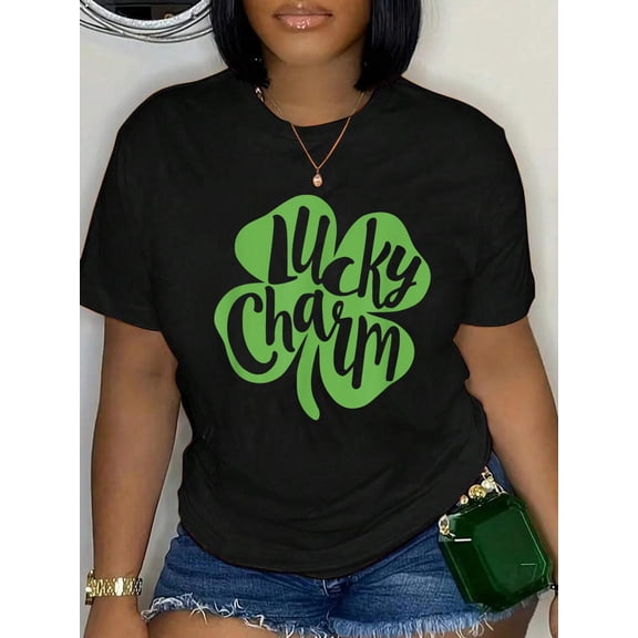 100% Cotton LUCKY CHARM Irish Shamrock 4 Leaf Clover Funny St Patrick's T-Shirt Print Round Neck Cotton T-Shirt, Summer Women's Tops, gift