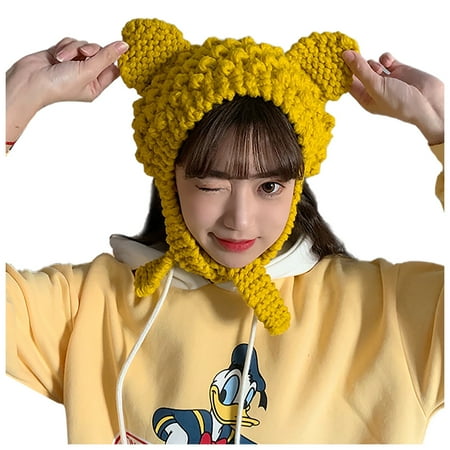 

Summer Savings Clearance 2022! Suokom Women Winter All-Match Warm Woolen Cute Cat Ears Knitted Earmuffs Vintage Hat