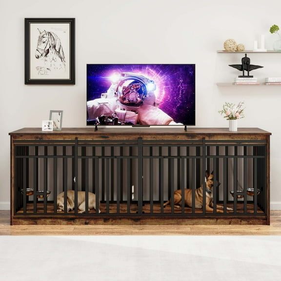 Uforic 87" Dog Crate Furniture with Dog Bowl for 2 Large Dogs,Indoor Furniture Style Wooden Large Dog Kennel TV Stand Sliding Doors - Rustic Brown