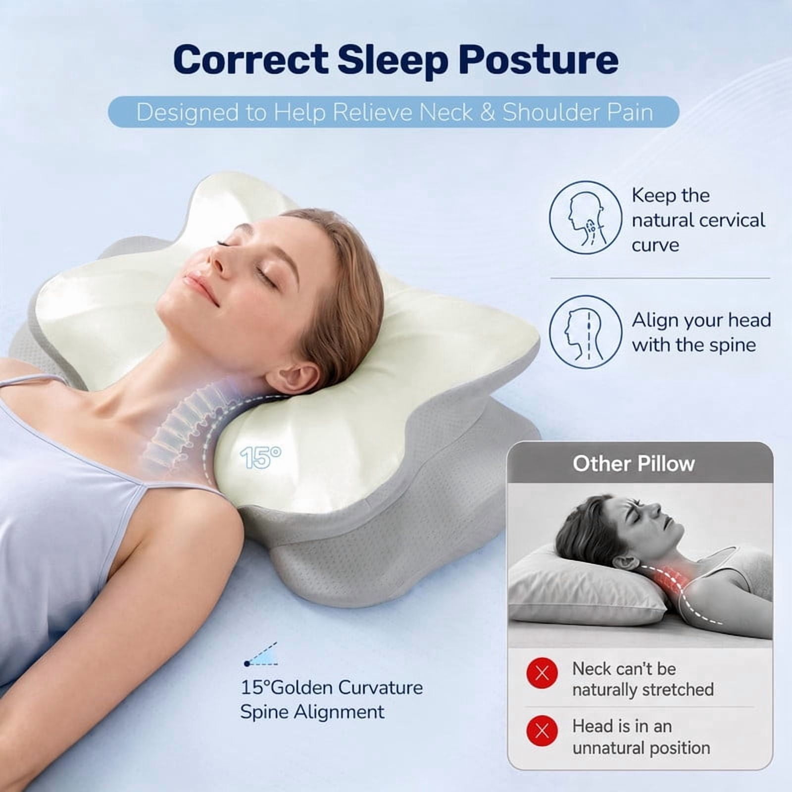 Kelno Ergonomic Contour Memory Foam Pillow Cervical Support with Dual Height Arm Grooves Breathable Washable Cover for Side, Light Gray