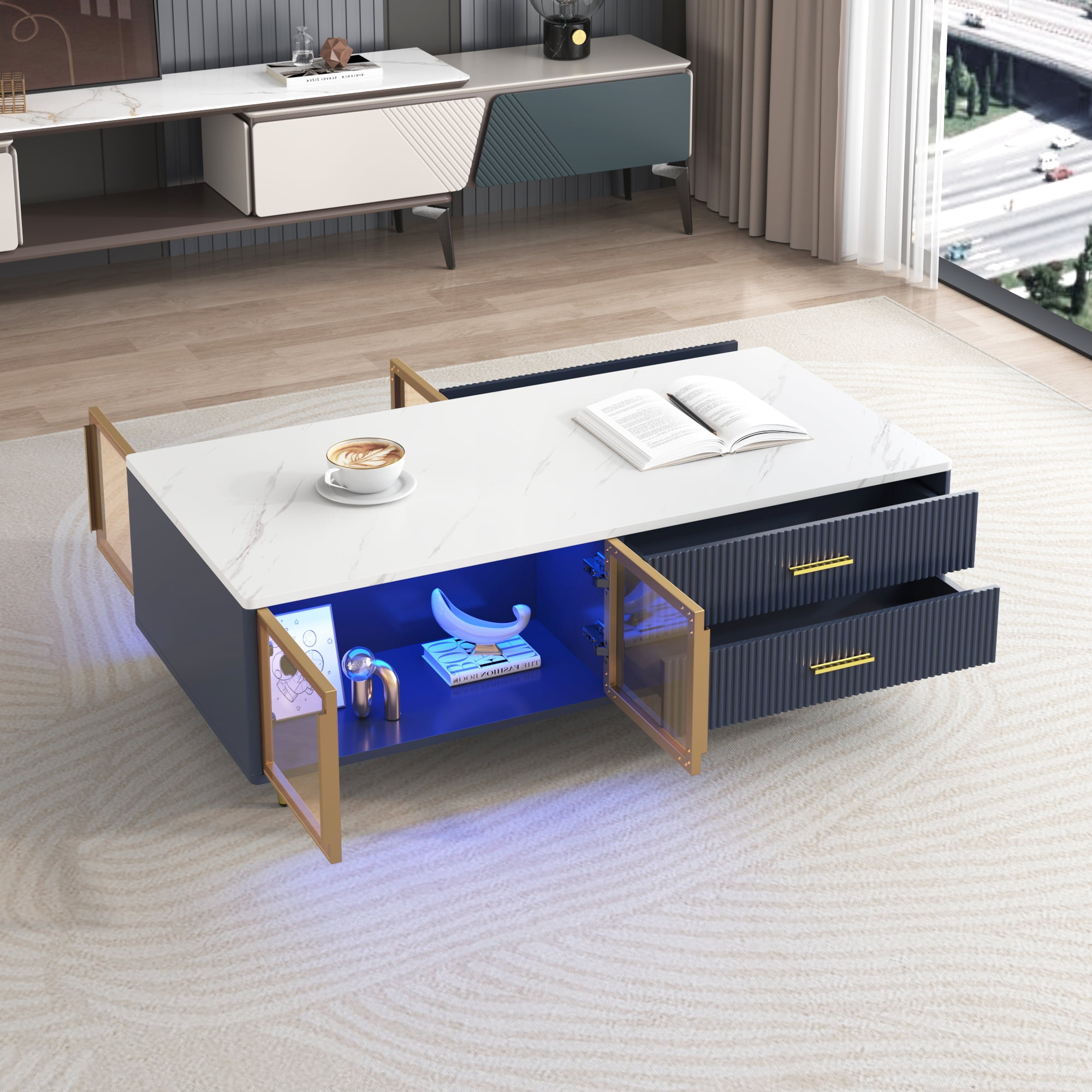TesNus 47.2" Navy Blue Coffee Table with 2 Glass Doors, 4 Drawers and Multi-Color Lighting for Living Room