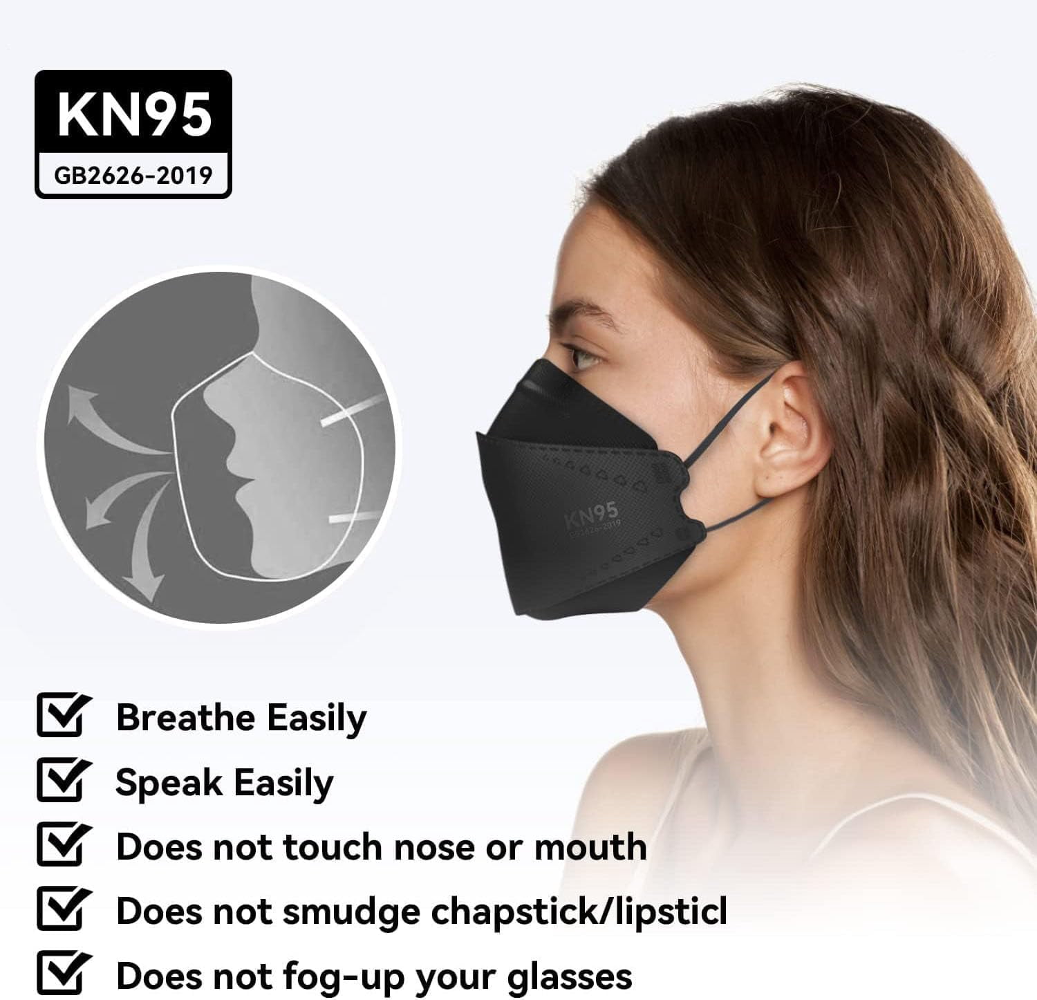 KN95 Face Masks 50 Pack, Breathable Comfortable Disposable Face Mask For Adults And Teens, Black