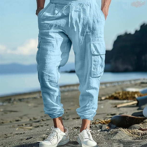 Puntoco Pantalones casuales largos para hombre Pantalones con puños de otoño para hombre Pantalones lisos con múltiples bolsillos y cordón Pantalones largos de relajación