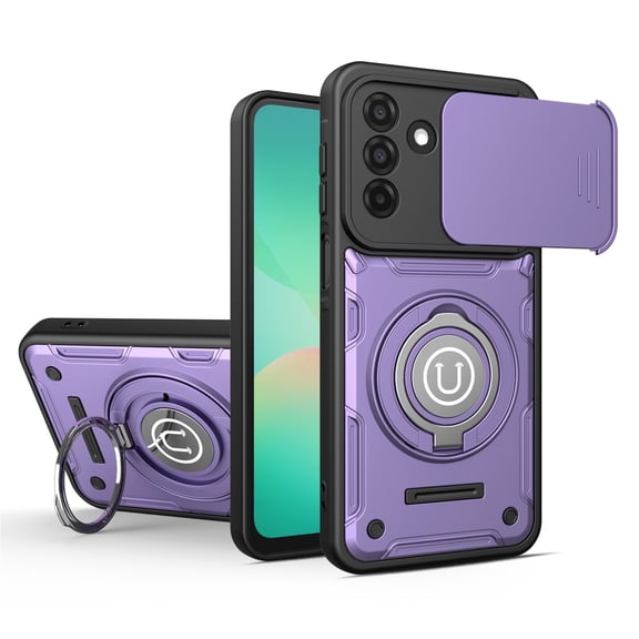 Rugged Case for Samsung Galaxy S25 FE, 360 Rotating Ring Kickstand with Sliding Camera Lens Cover, TPU PC Drop Protective Anti-Slip Cover for Samsung Galaxy S25 FE, Purple