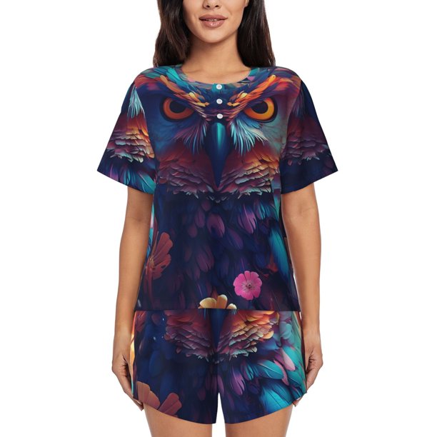 Fotbe Colorful Feather Owl Conjunto de Pijama Estampado para Mujer, 2 Piezas, Ropa de Dormir con Camiseta de Manga Corta y Shorts Suaves-4X-Large