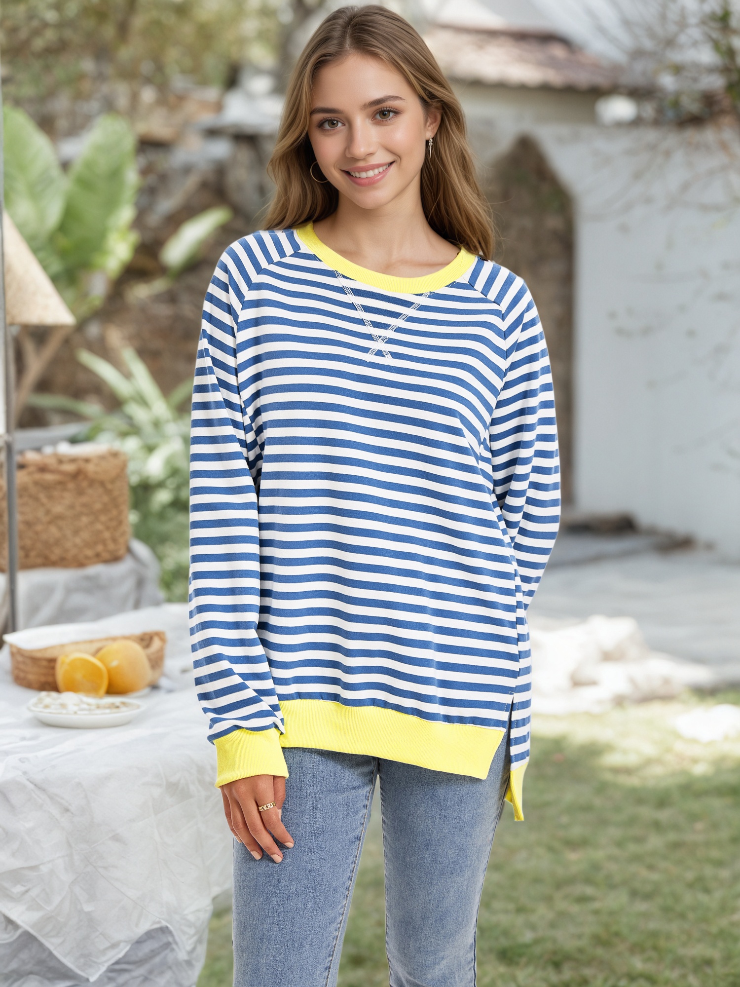Unique Bargains Women's Striped Oversized Crewneck Pullover Tops S Blue White