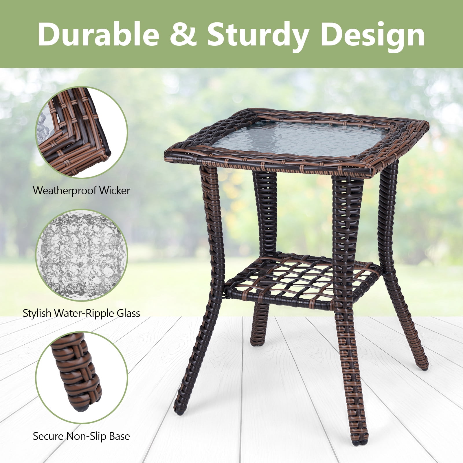 JOYMOR Outdoor Side Table with Storage Wicker, Patio Side Table with Tempered Glass Top End Table for Balcony Porch Deck
