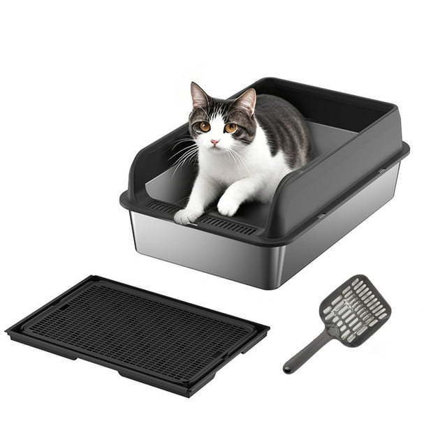 CazToi 8 Inch Deep Stainless Steel Cat Litter Box with Lid Large Non Stick for Big Cats Includes Litter Mat Scoop Easy Clean Black