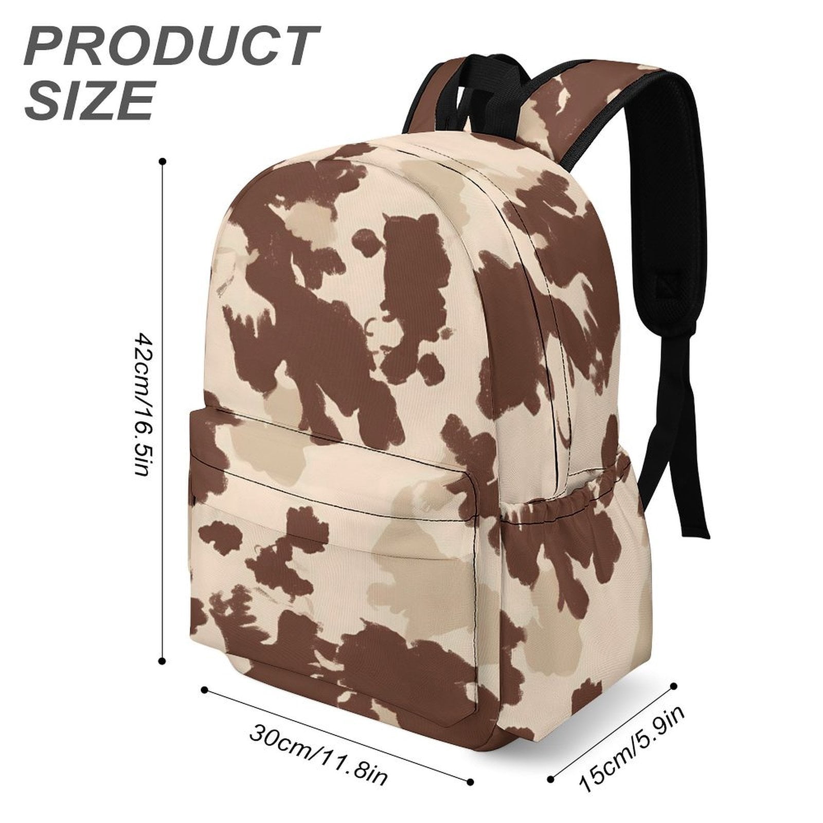 Large Capacity Half Print Backpack 11.8×16.5×5.9in Multifunctional Zipper Design Convenient Switch Brown Cow Pattern