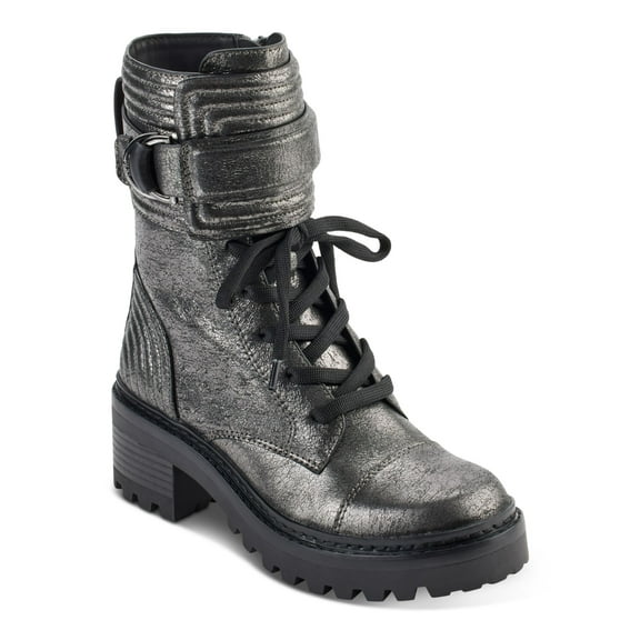 DKNY Womens Silver Buckle Accent Metallic Basia Round Toe Block Heel Zip-Up Leather Combat Boots 11 M