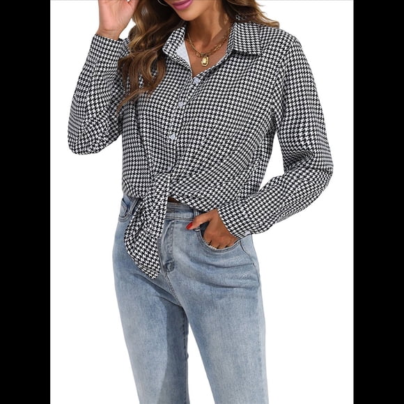 Camisas de Mujer con Botones, Casuales, de Larga, A Cuadros, con Estampados, Blusas Holgadas con Cuello A . Negro S