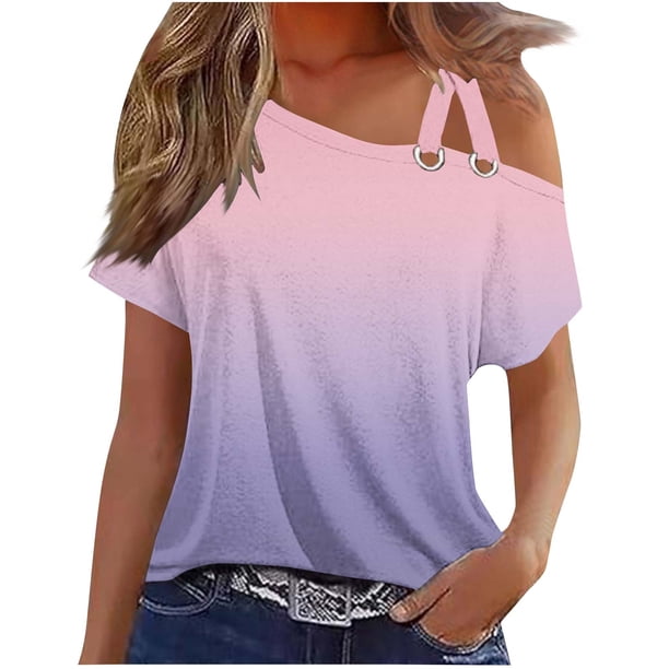 Tops de Ajuste Suelto para las Mujeres Moda Impresa Doble Suspensión Manga Corta Top Suelto, Blusa Casual Ligera