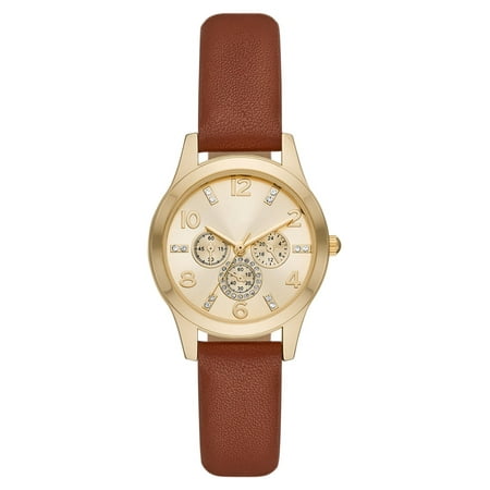 Time and Tru Women's Analog Wristwatch; Gold Tone Round Case, Gold 3-Eye Dial with Crystal Accents, Cognac Faux Leather Strap (FMDOTT082)