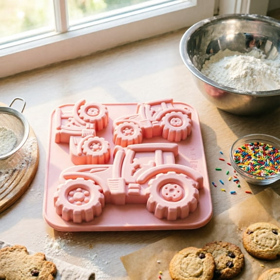 FSAGAE Silicone Tractor Cake Mold 3 Piece Set Non Stick Baking Pan for Chocolate Jelly and Soap Pink 7.1x7.6in