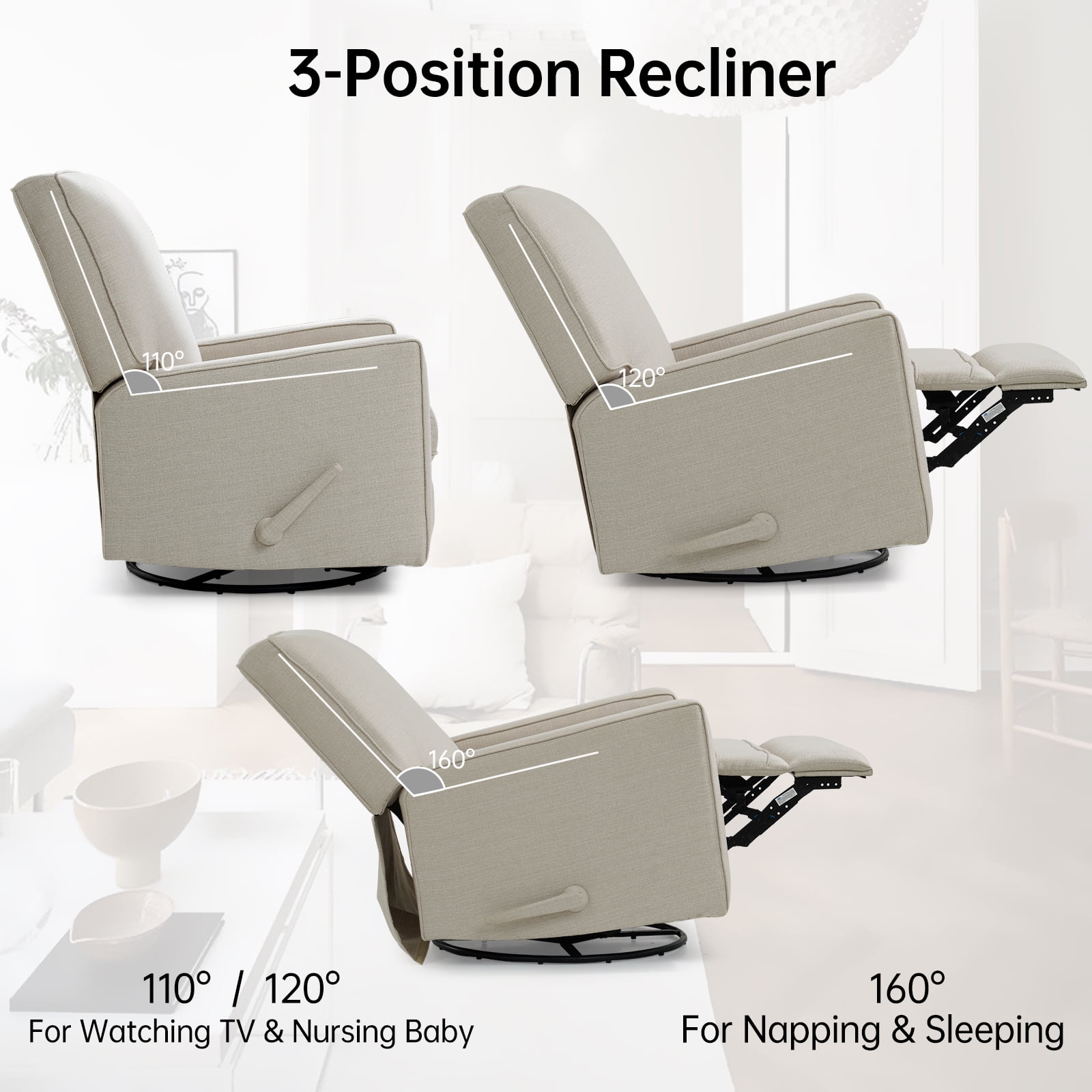 MERITLIFE 360 Rocking Swivel Recliner Chair,Upholstered Fabric Manual Reclining Recliner, Extra Large Footrest for Reading,Nursery Glider Chair(Beige)