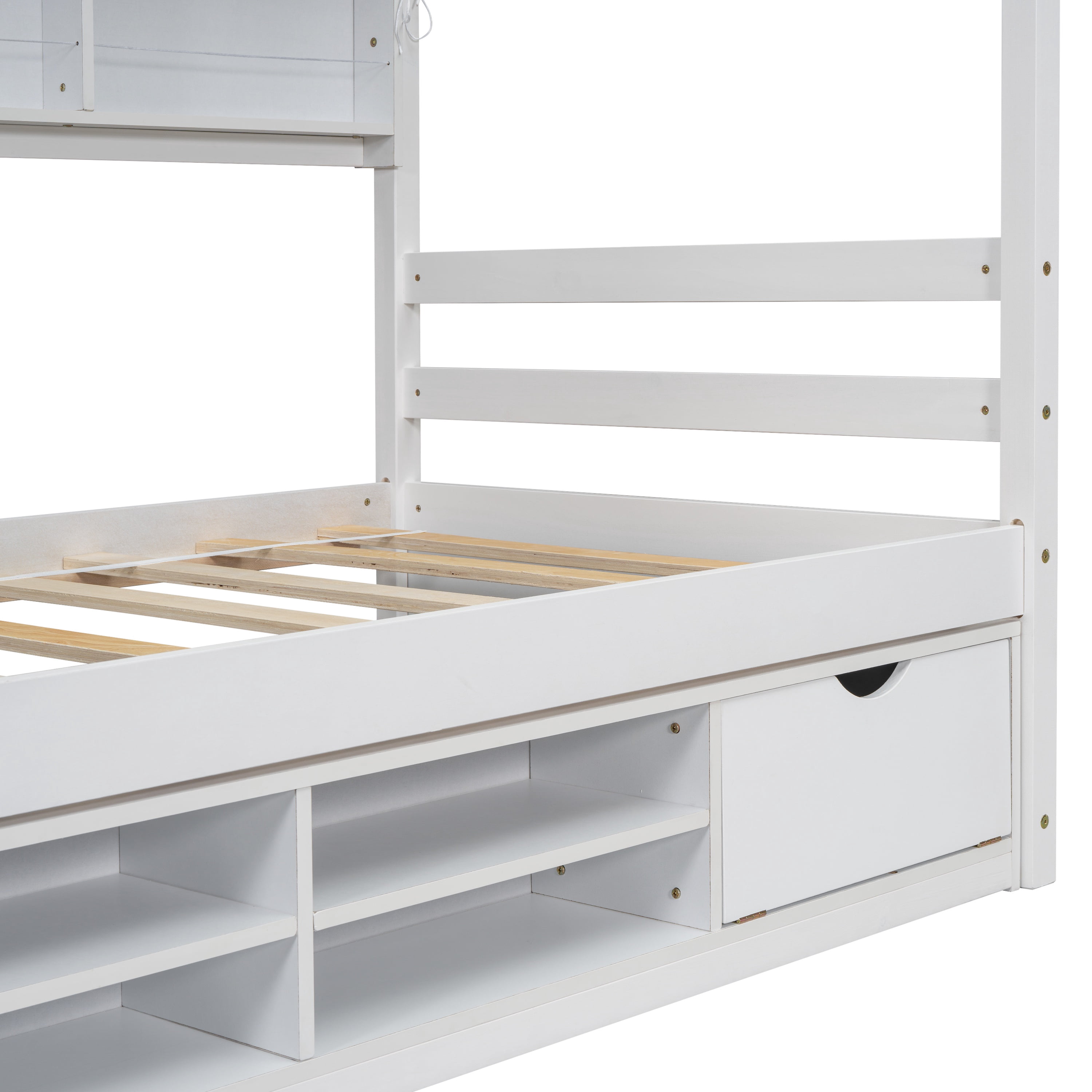 PORKISS Twin House Bed, Wood Platform Bed with Roof Frame and Beside-Shelves, Modern Montessori Toddler Bed with Under Bed Storage Unit for Kids, No Box Spring Needed, White