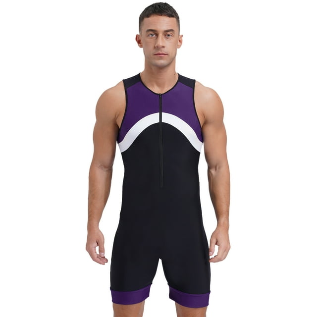 Sxiwei Men's Sun Protection Jumpsuit Sleeveless Rash Guard Zipper Bodysuit Swimwear Surfing Bathing Purple 3XL