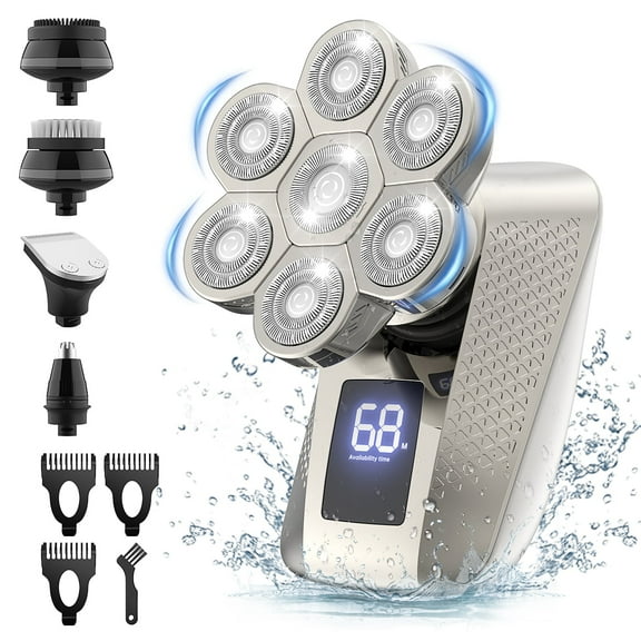 8D Head Shaver for Men, 5 in 1 Electric Bald Head Shaver Cordless Razor IPX7 Waterproof Beard Trimmer USB Rechargeable Hair Clipper Grooming Kit W/ LED Display for Daddy Boyfriend Brother Wet/Dry Use