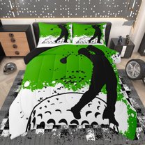 Manfei Cartoon Golf Print Full Size Comforter Sets, White Green Watercolor Bedding Comforter Set, Teens Kids Boys Girls Reversible Bedding Sets, Breathable Home Decor, 3 Pieces