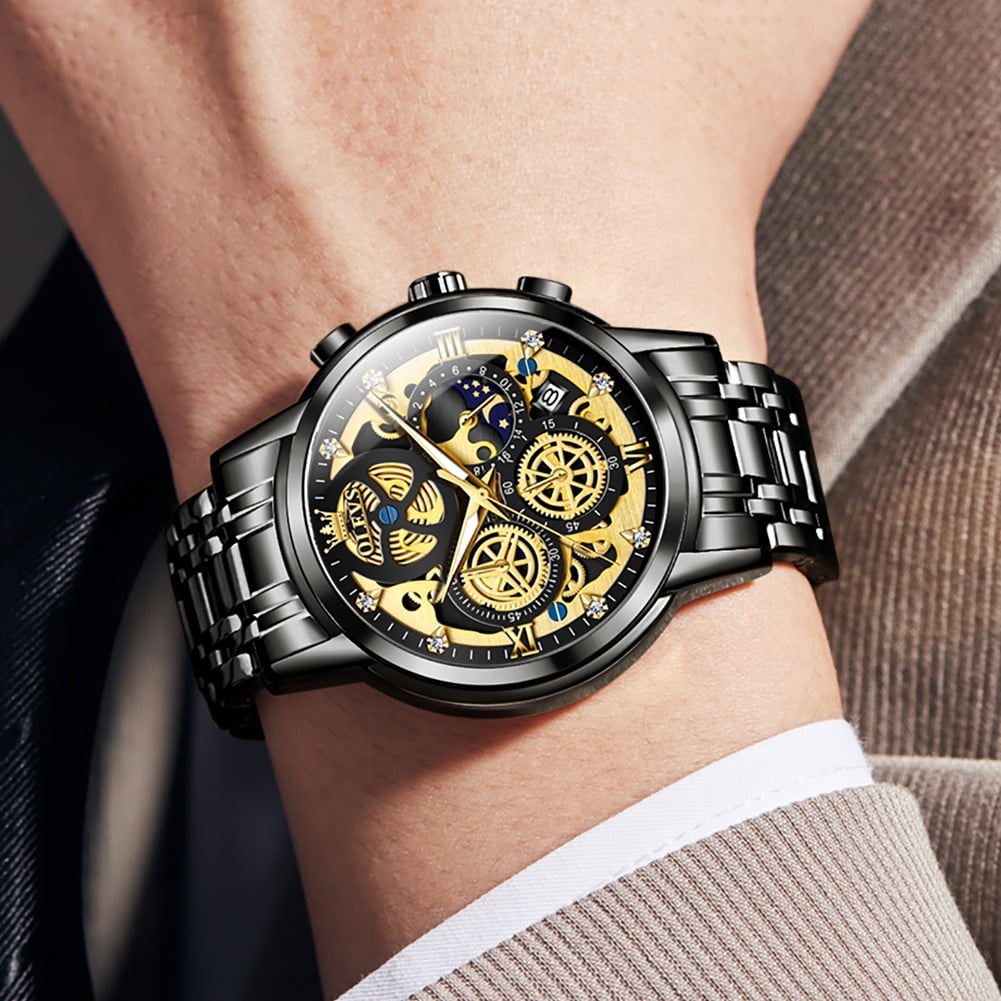 OLEVS Watches for Men Waterproof Luxury Dress Analog Quartz Chronograph Fashion Gold Plated Stainless Steel Moon Phase Luminous Date Classic Mens Wrist Watches Reloj Para Hombre