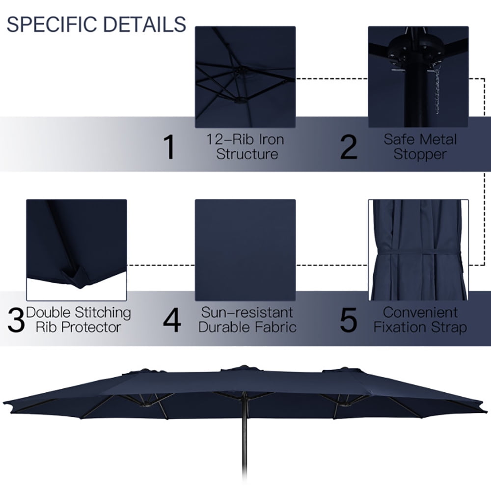 Aimee Lii 15' Navy Soild Market Patio Umbrellas, Double Sided