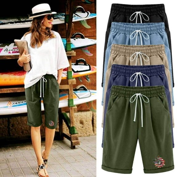 YANHAIGONG Shorts For Women Plus Size Women's Summer Print Five Points Large Size Cotton Linen Pants Casual Pants Shorts For Women