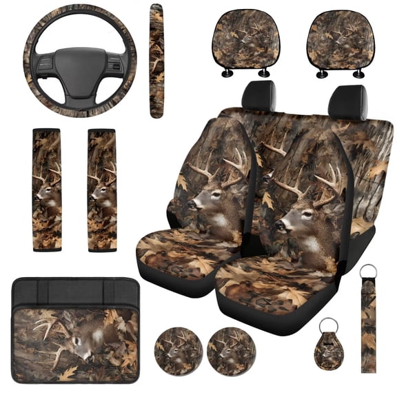 XYZCANDO Deer Camo Forest 14 Pack Car Seat Covers Full Set Steering Wheel Cover Center Console Pad Seat Belt Pads Headrest Covers Cup Coasters for Most Cars SUVs Sedans