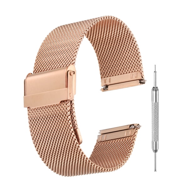 Correas de reloj de malla para hombres y mujeres, correa de reloj de acero inoxidable de liberación rápida con herramientas (24 mm, rojo rosa)