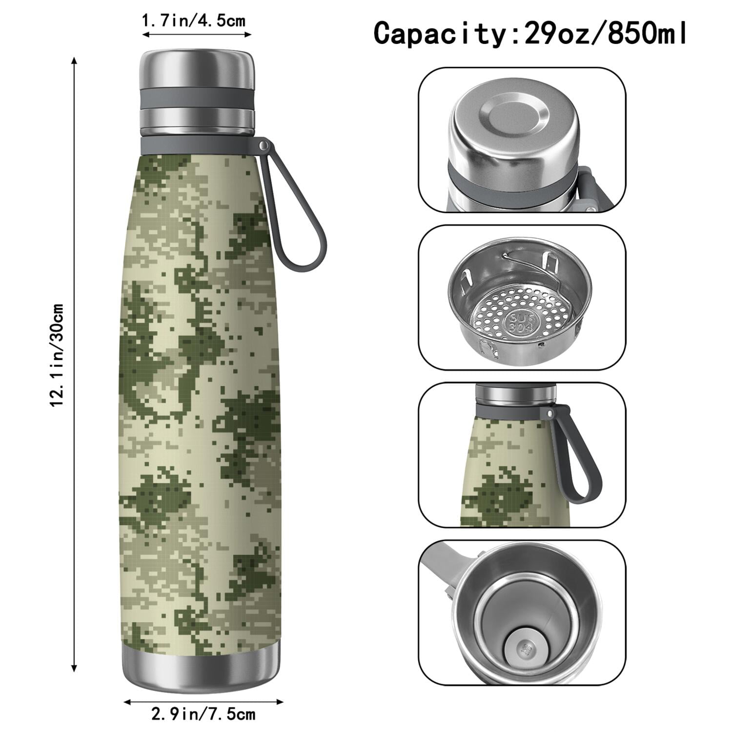 29oz Insulated Water Bottle with Tea Infuser, Stainless Steel Travel Mug, Camouflage Print