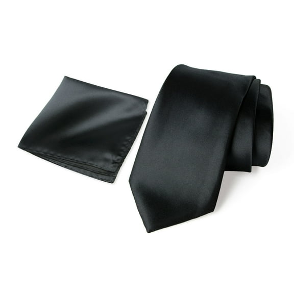 Spring Notion Men's Satin Microfiber Solid Color Tie and Handkerchief Set, Black