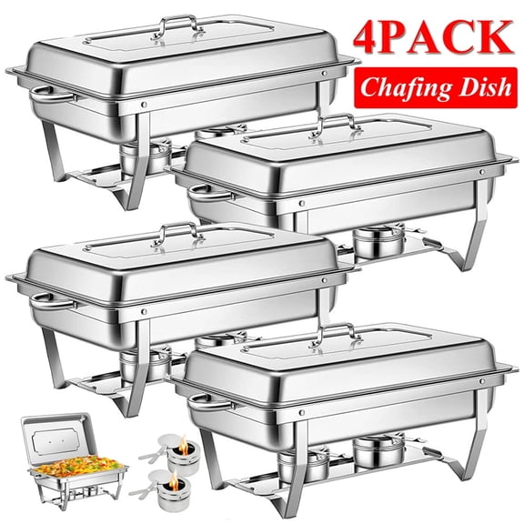 Foldable Chafer Set,Chafing Dish，4 Packs Stainless Steel Chafing Dishes，9 Quart Rectangular Chafer Complete Set Buffet Warmer Set for Catering Party