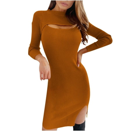 

Ziloco Long Sleeve Round-Neck Dress Corset Dress Women Fashion Sexy Solid Color Hollow Out Long Sleeve Slim Sheath Knee-Length Dress Womens Summer Dresses Casual