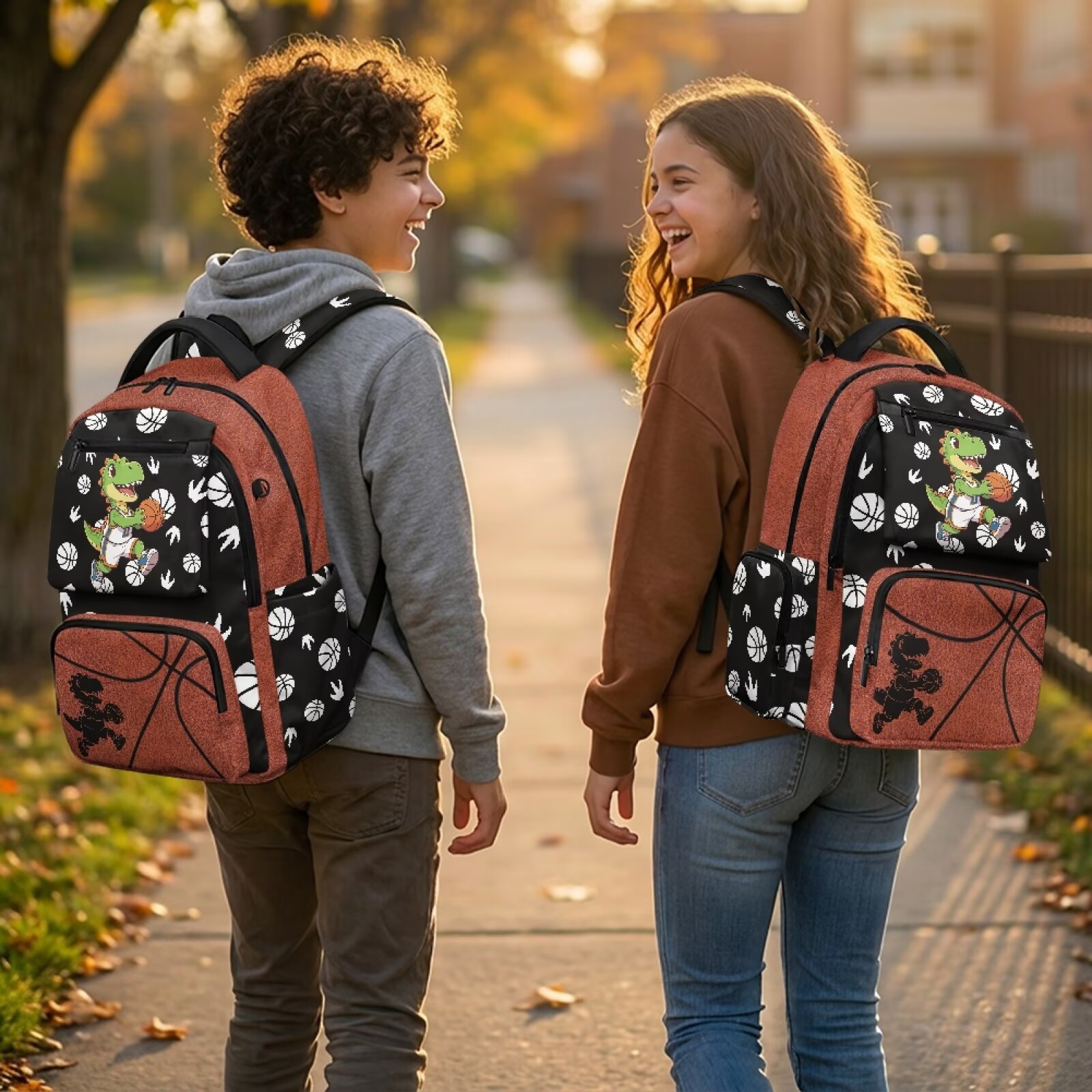 Mochila escolar para niños de 17 pulgadas, gran capacidad, resistente al agua, poliéster, ligera, con estampado de baloncesto y dinosaurio, para primaria, viajes y senderismo 3