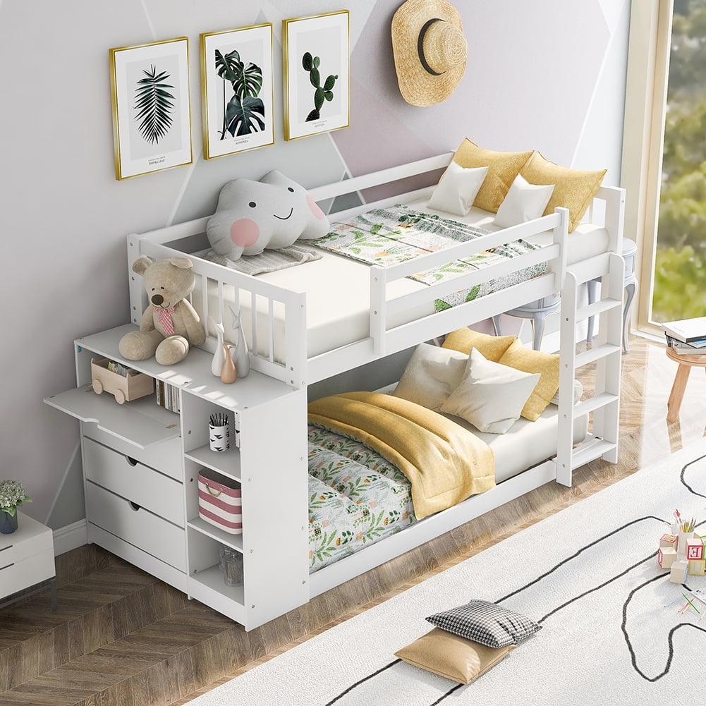 Private Jungle Twin over Twin Bunk Bed with Attached Cabinet and Shelves Storage,White