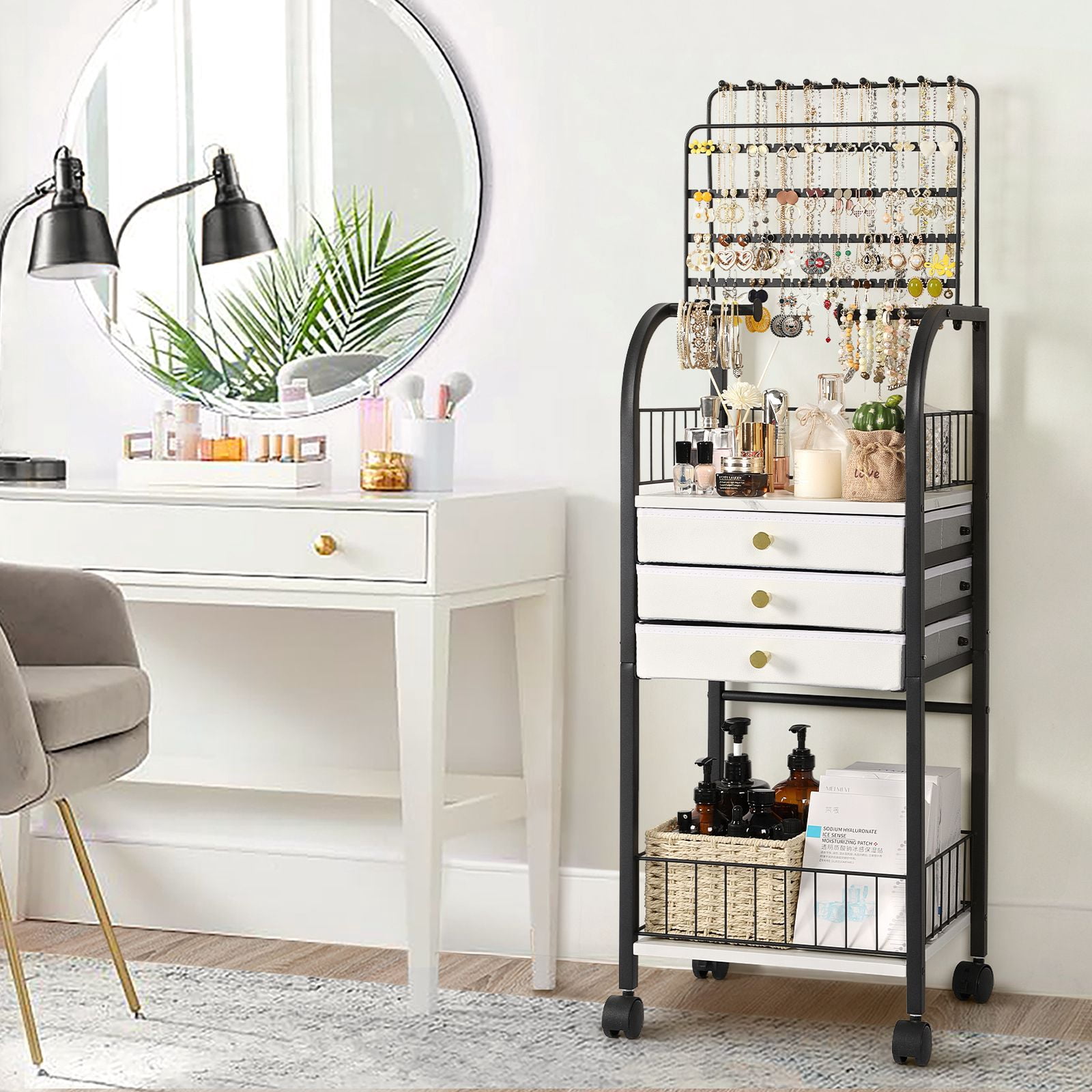 Olakee Large Jewelry Organizer Stand with 3 Drawers — for Necklace, Earring, Ring, Bracelet, Girls & Women, Modern, Black