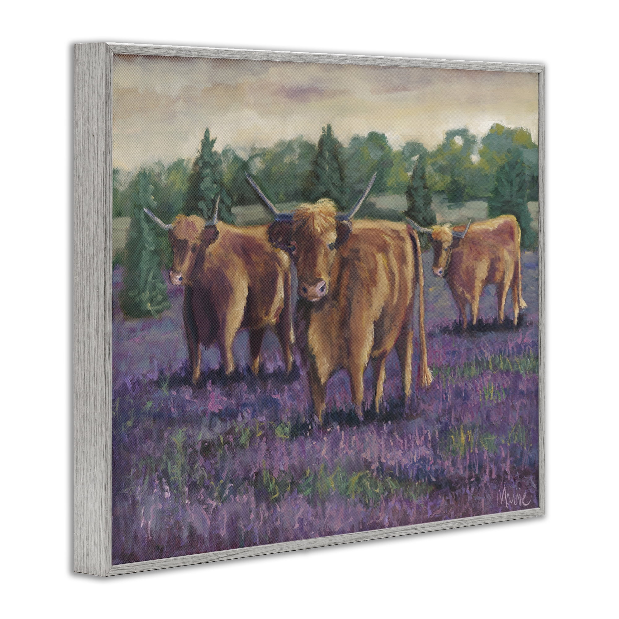 Purple Fields & Cows Gray Framed Giclee Art, design by Marnie Bourque