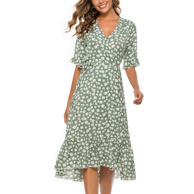 Women Summer Dress Half-sleeve Splits Dress V-neck Fairy Dress Floral Design For 2022 NewGreenS