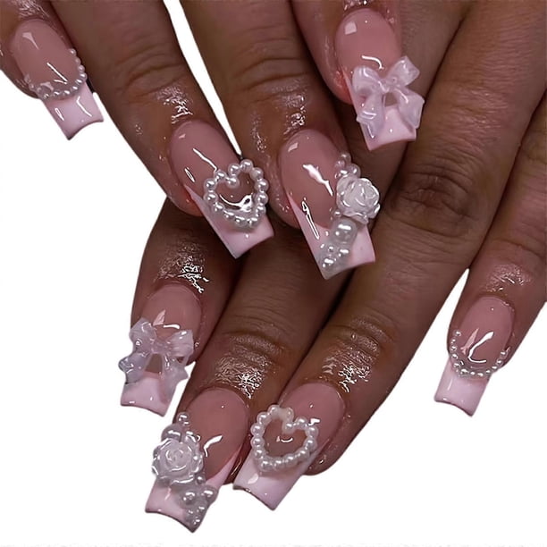 French Tip False Nails Press On Nails with Pearls Coffin Artificial Nails Full Cover Stick on Nails Manicures Supplyies