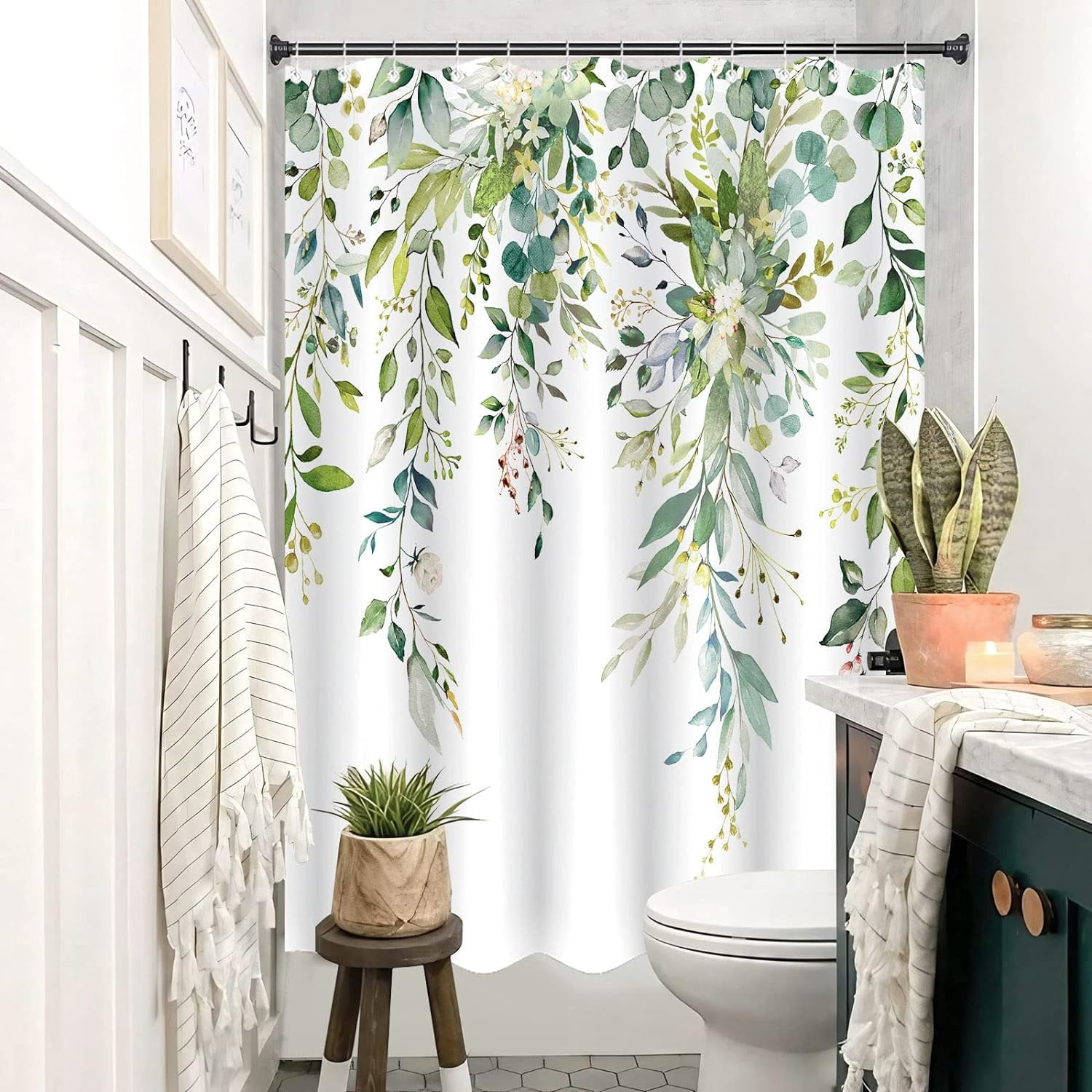 84 Inch Extra Long Green Eucalyptus Shower Curtain Watercolor Floral Plant Leaf Shower Curtains for Bathroom Botanical Flower Waterproof Fabric Bath Curtain with Hooks (Green, 72'''' x 84'''')