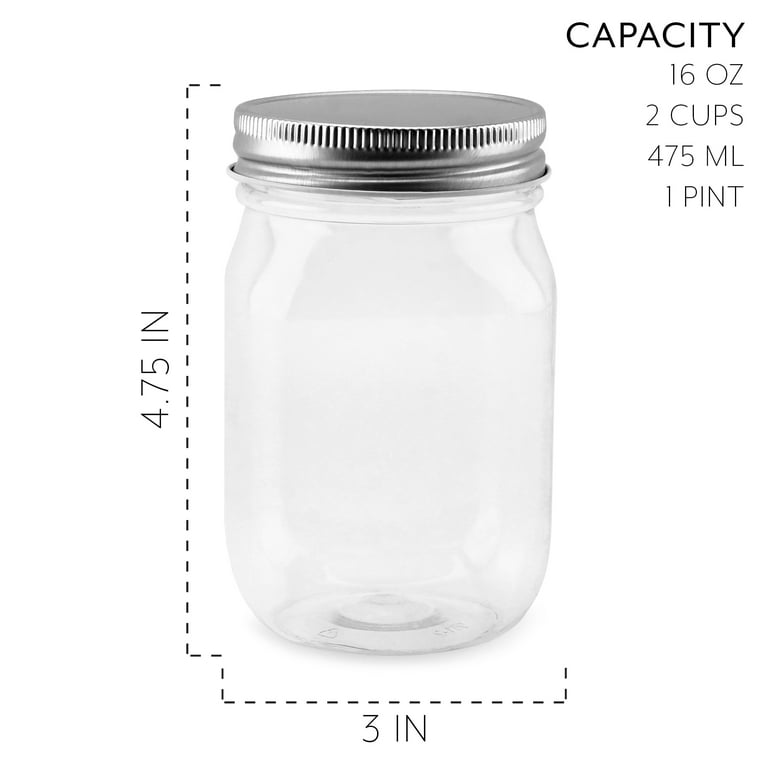 Cornucopia 16-Ounce Clear Plastic Mason Jars (8-Pack, Silver Metal