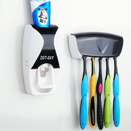 - Automatic Lazy Wall Mount Toothpaste Dispenser + 5 Set Toothbrush Holder Wall Mount Stand
