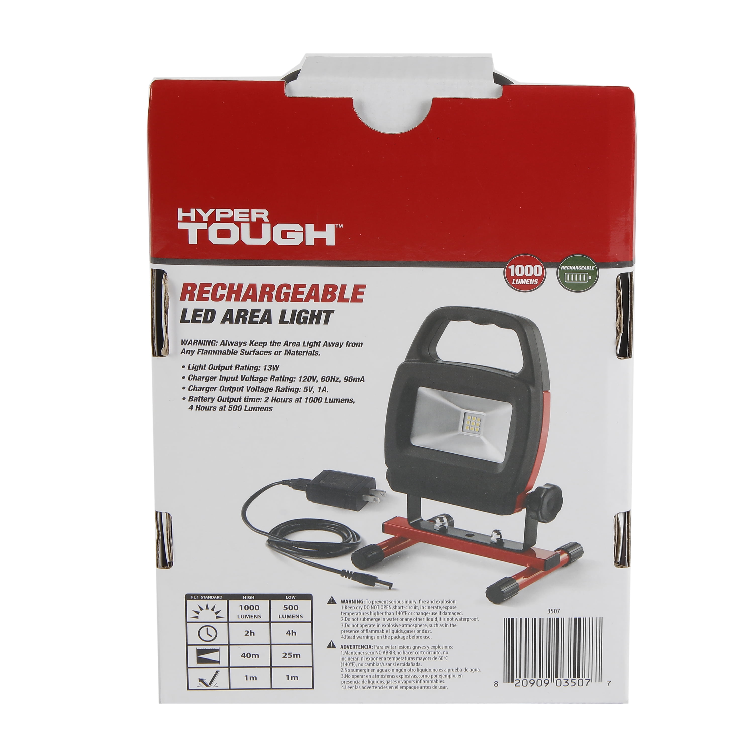 Hyper Tough 1000-Lumen Battery Powered Rechargeable LED Work Light,Red,
