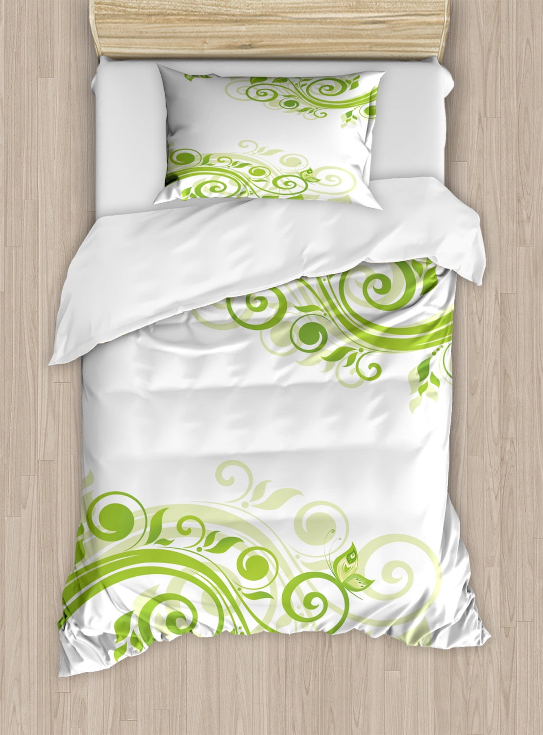 Green Duvet Cover Set, Floral Botanical Artistic Design with Curly