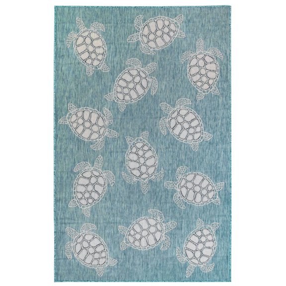 CARMEL Indoor/Outdoor Power Loomed Synthetic Blend Low Profile Area Rug - Transitional Coastal Turtle Decorative (Seaturtles Aqua) (3'3" x 4'11")