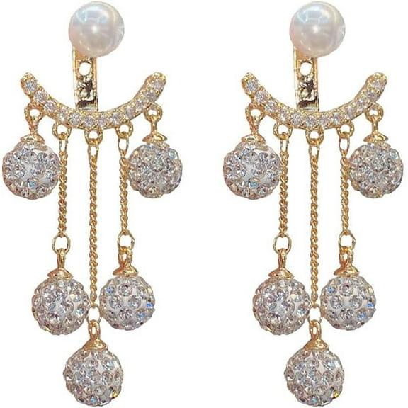 Pearl Rhinestone Ball Fringe Drop Earrings,S925 Silver Needle Zircon Earrings,Crystal Long Tassel Earrings,Jewelry Gift for Women (White)