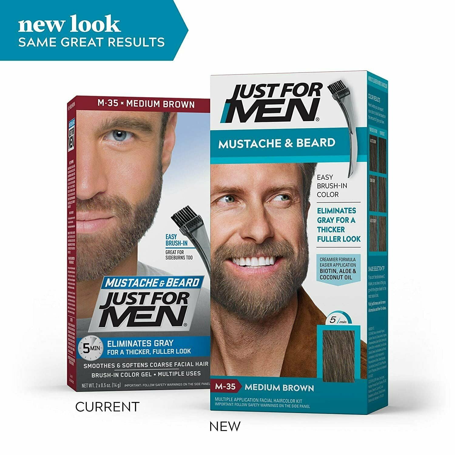 3 Pack - Just For Men Mustache & Beard, Beard Coloring for Gray Hair with Brush, With Keratin (M-35), Medium Brown