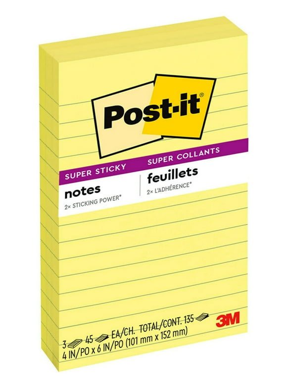 Post-it Super Sticky Lined Notes, Canary Yellow, 4 in. x 6 in., 45 Sheets, 3 Pads