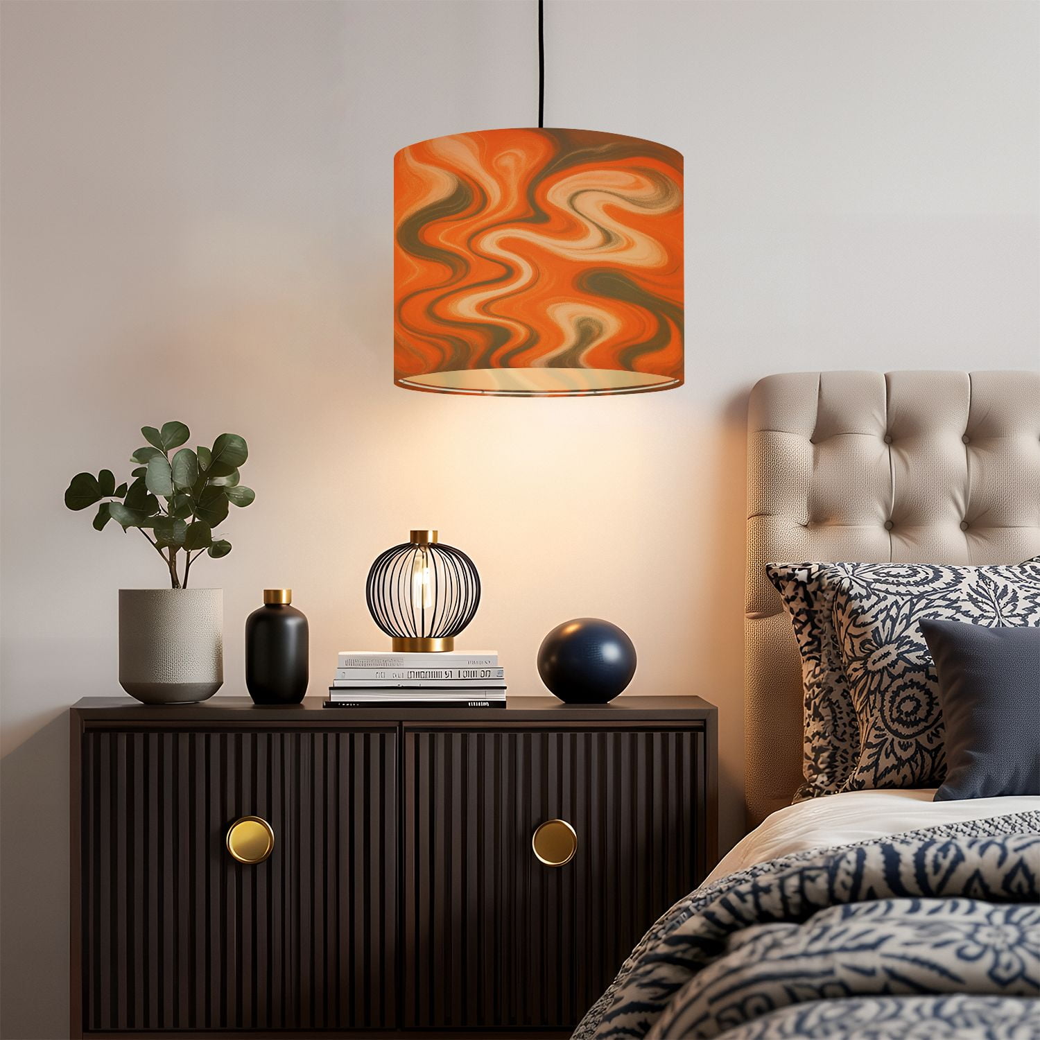 Linen Drum Lampshades This abstract features fluid swirling blend orange gray colors 13"x13"x10" Light Shade for Table Lamps Floor Lamp Shades Lampshade Replacement Assembly Required