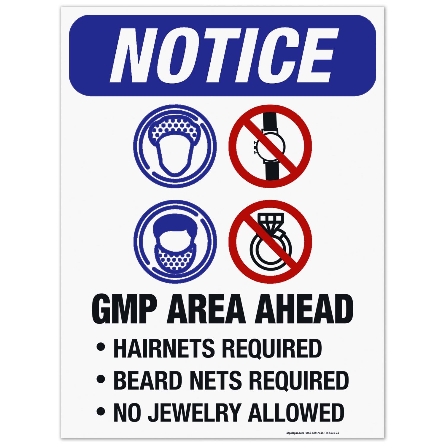 GMP Area Ahead Beard Nets Required No Jewelry Allowed Sign
